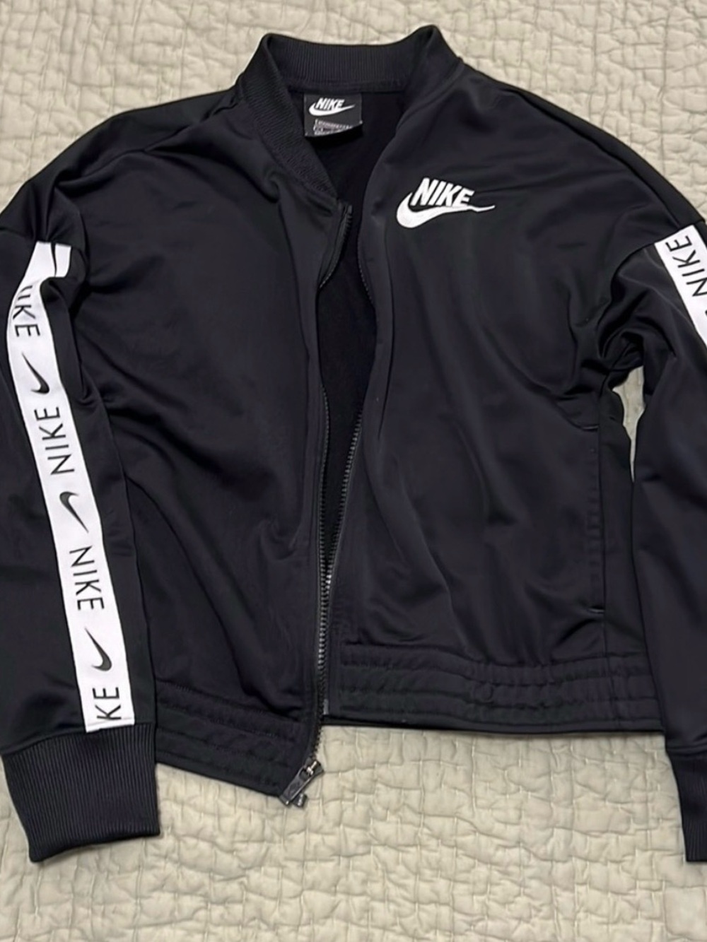 Nike Kids Large Black White Logo Tape Track Bomber Jacket Fits Womens XS S
